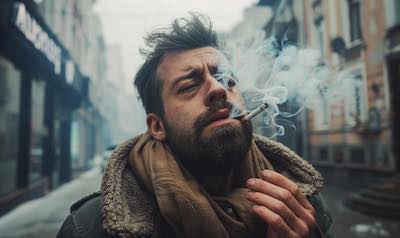 Mann ist abhängig von Zigaretten und raucht