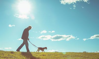 Ein mann geht mit seinem Hund spazieren