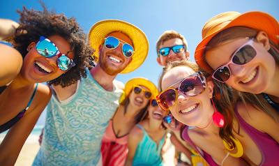 junge Leute mit Sonnenbrillen am Strand