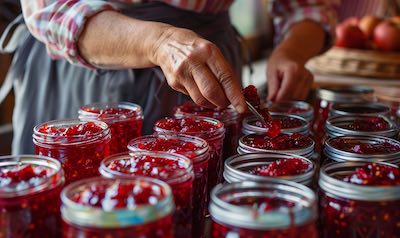 Frau füllt selbstgekochte Marmelade in Gläser