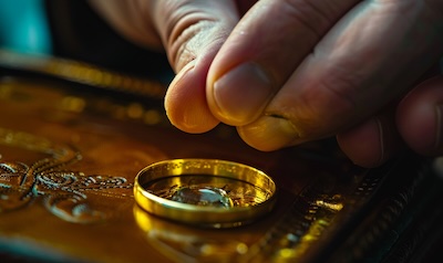 Feingehalt-Punze an einem Goldring wird mit der Lupe geprüft