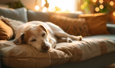 Älterer Hund liegt entspannt auf einer orthopädischen Hundematte als Geschenkidee