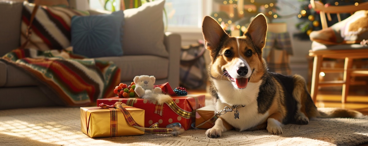 Verpackte Geschenke für Hundebesitzer neben einem wartenden Hund